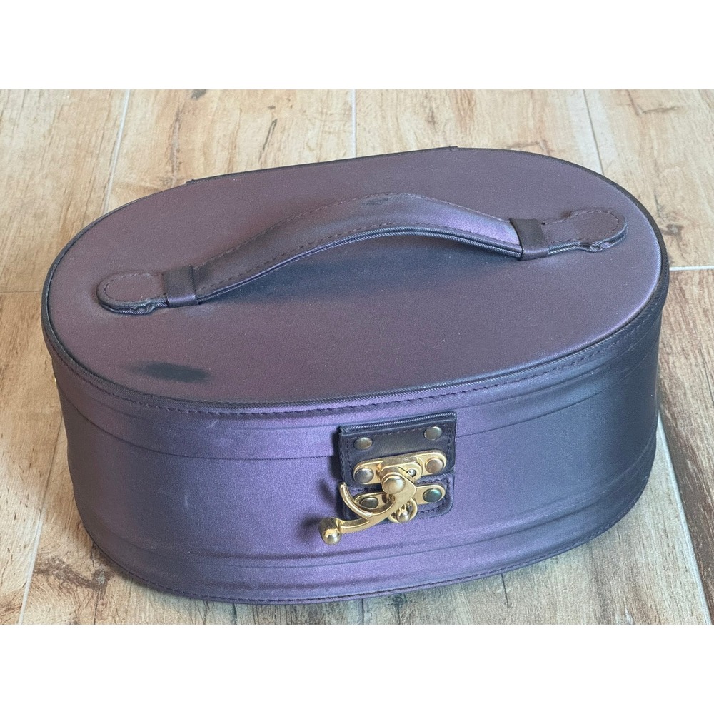 BENTONY Purple Satin Oval Vanity Train Case with Mirror Gold Hardware